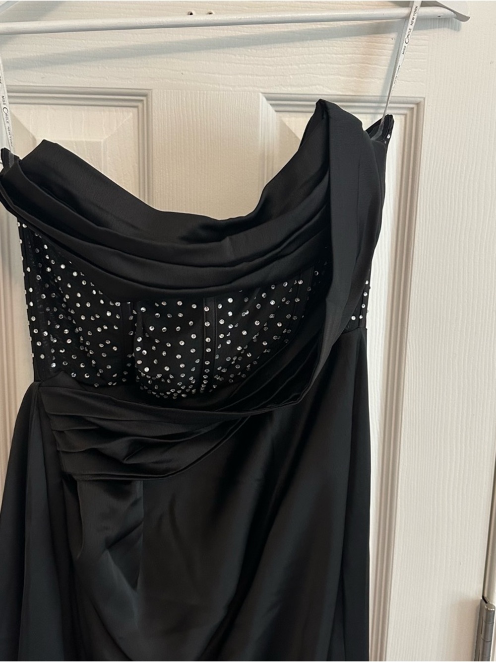 Miss Circle Holly Black Crystallized Corset High Slit Satin Gown - Picture 7 of 13